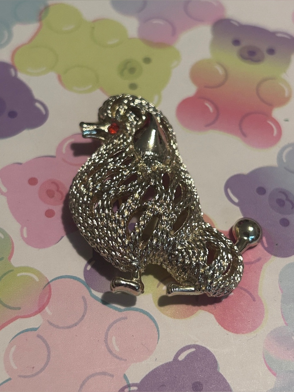 Vintage Gold Tone Poodle Dog Brooch Red Rhinestone Eye
